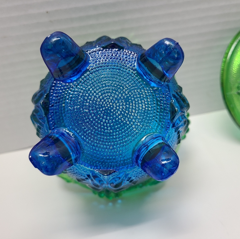 Vintage Jeanette blue/green footed grape leaf glass candy dish w/ lid Capote - Picture 9 of 16
